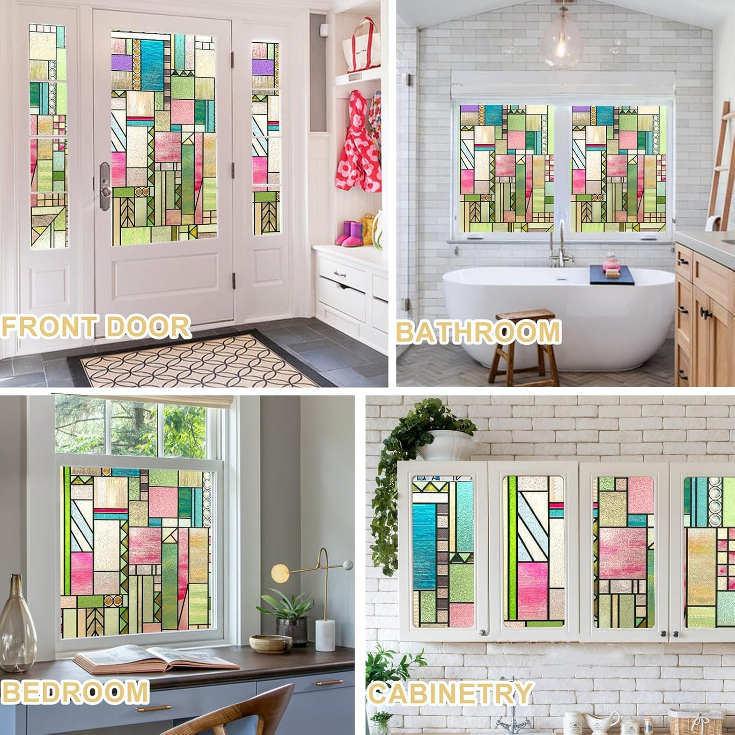 3D Stained Glass Window Privacy Film, Heat Control UV Blocking Static Cling Decorative Window Film for Bathroom,Front Door,Home Non Adhesive,Colorblock 35.4 x 78.7 inches