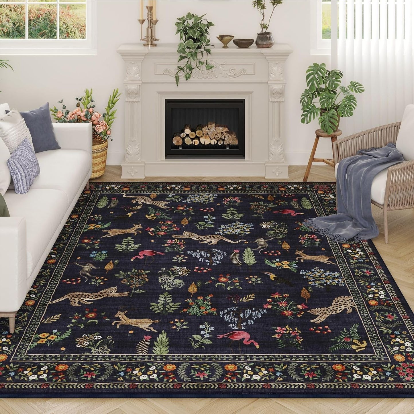 Rugcomf Living Room Rug 5x7 Rug Machine Washable Boho Area Rug Non Slip Floral Animal Vintage Low Pile Large Rugs for Living Room, Bedroom, Farmhouse, Dining Room, Kids Playroom (Blue)