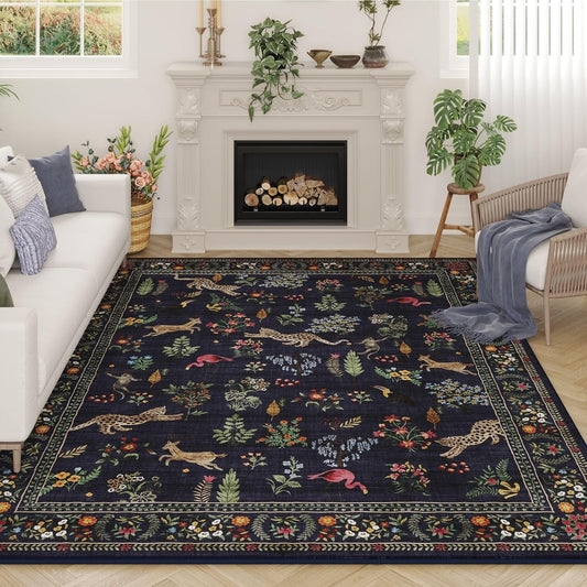 Rugcomf Living Room Rug 5x7 Rug Machine Washable Boho Area Rug Non Slip Floral Animal Vintage Low Pile Large Rugs for Living Room, Bedroom, Farmhouse, Dining Room, Kids Playroom (Blue)