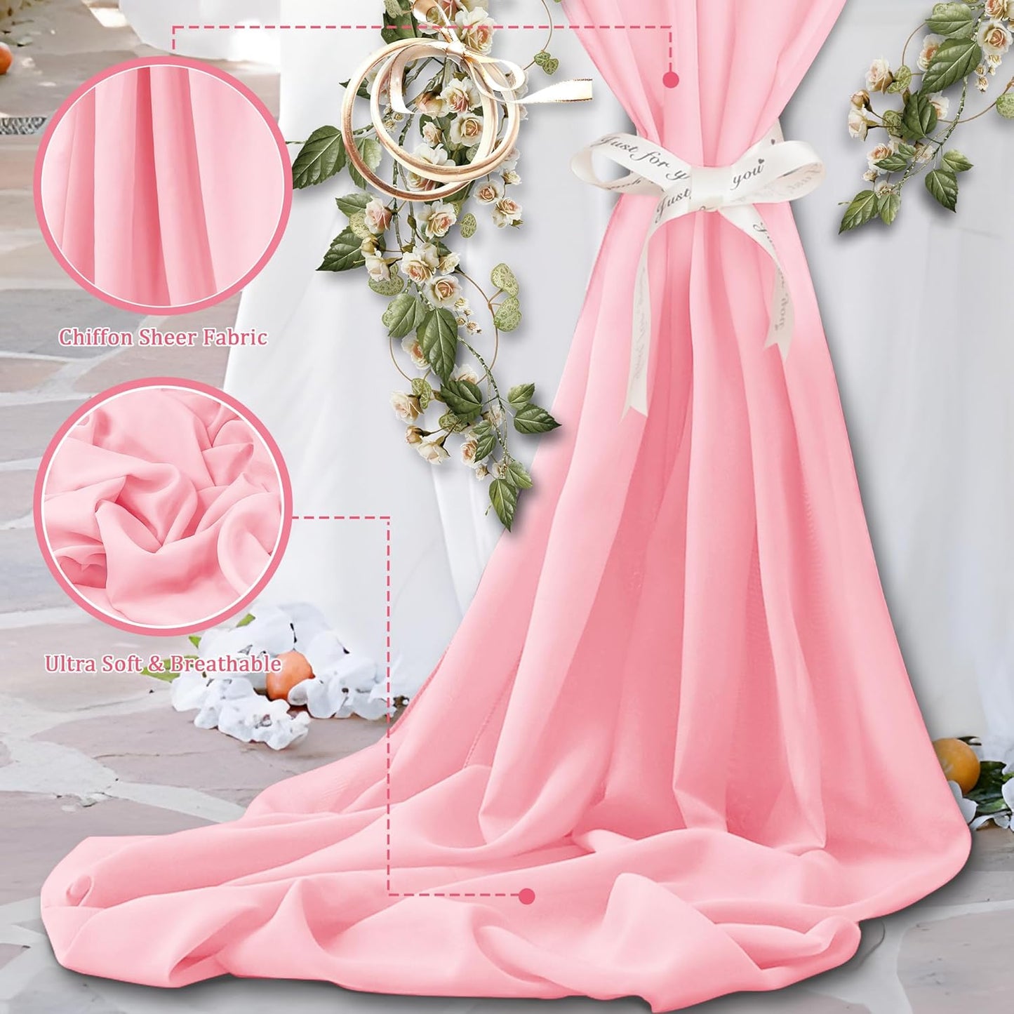 Horbaunal Light Pink Chiffon Fabric by The Yard, 10 Yard Continuous Sheer Fabric 59" Wide Soft Draping Fabric for Wedding Arch Draping Party Backdrop DIY Sewing