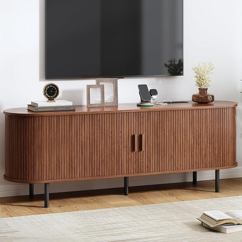 63" Fluted TV Stand with Power Outlet, Modern Media Console with Sliding Doors by ComfyCorner