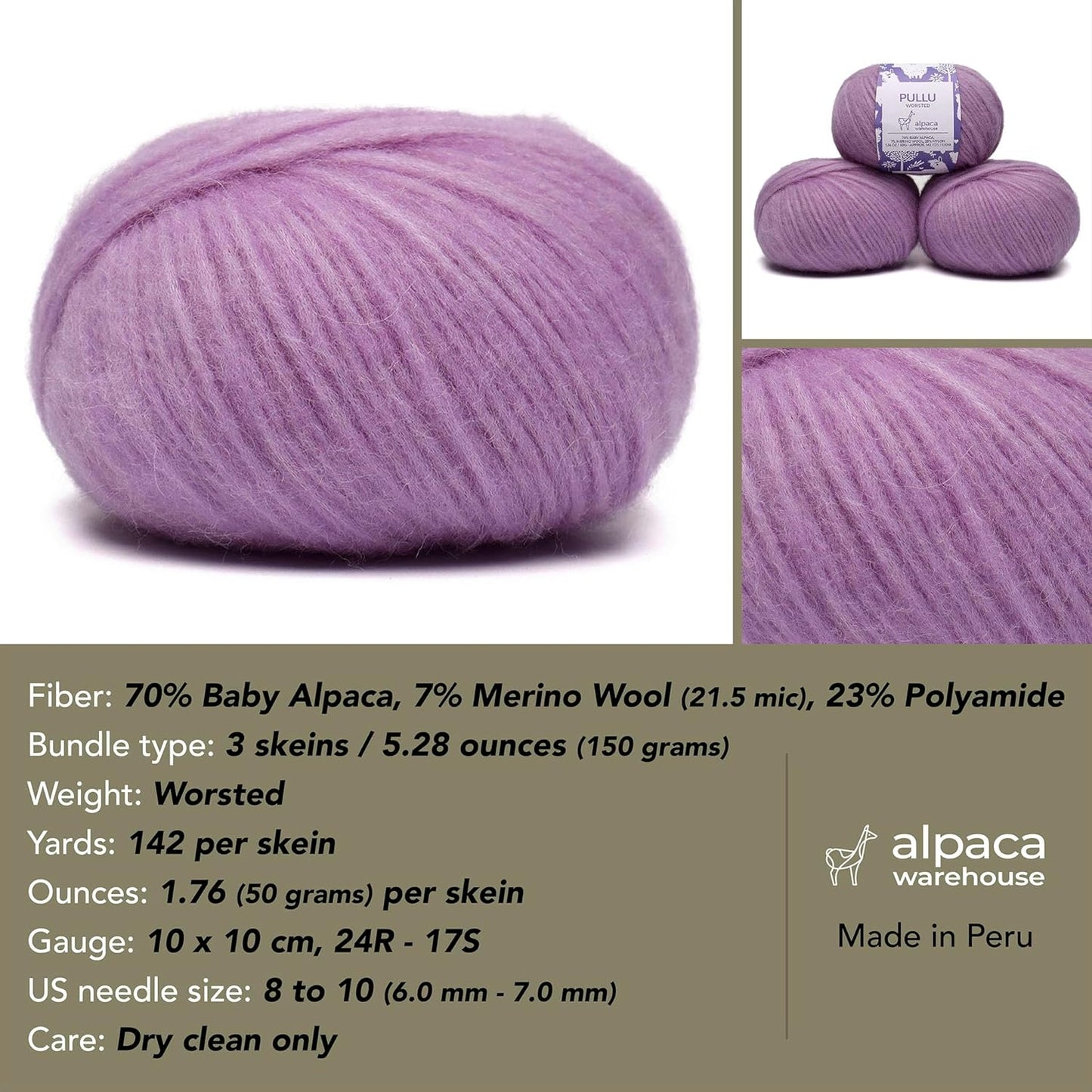 Pullu - Baby Alpaca Merino Wool Yarn Set of 3 Skeins (150 Grams) Worsted Weight - Sourced Directly from Peru - Heavenly Soft and Perfect for Knitting and Crocheting (Lavender Fields)