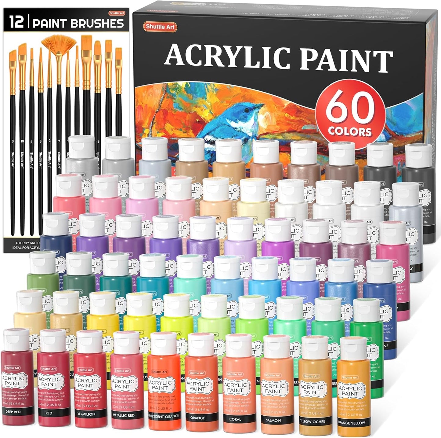 72 Pack Acrylic Paint Set, Shuttle Art 60 Colors Acrylic Paint Including Extra White Black & 12 Brushes, 2oz/60ml, Rich Pigmented, Water Proof, Ideal for Artists, Beginners on Canvas Rock Wood Ceramic