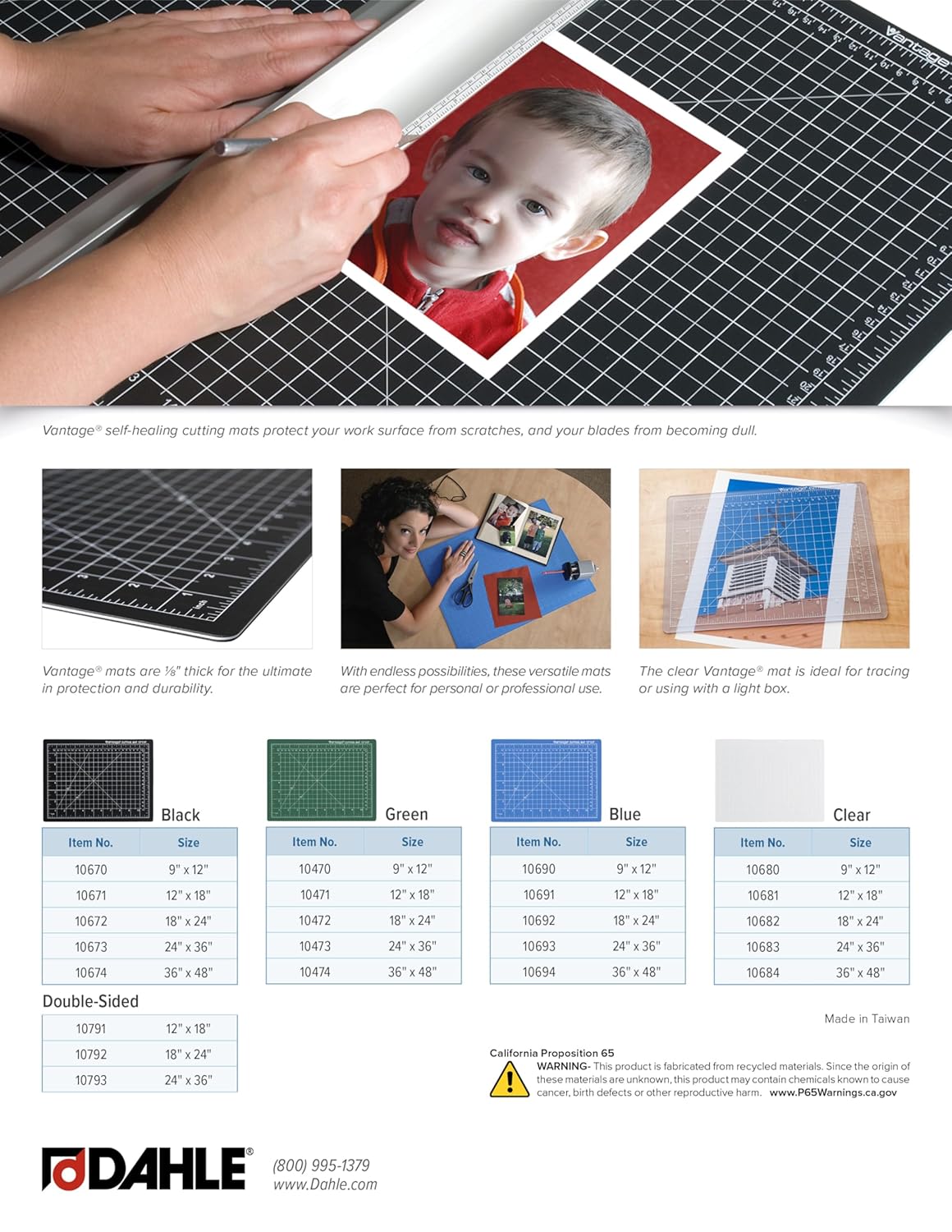 Dahle Vantage 10470 Premium Self-Healing Cutting Mat, 9"x12", 1/2" Grid, 5 Layers for Max Healing, Perfect for Crafts & Sewing, Green