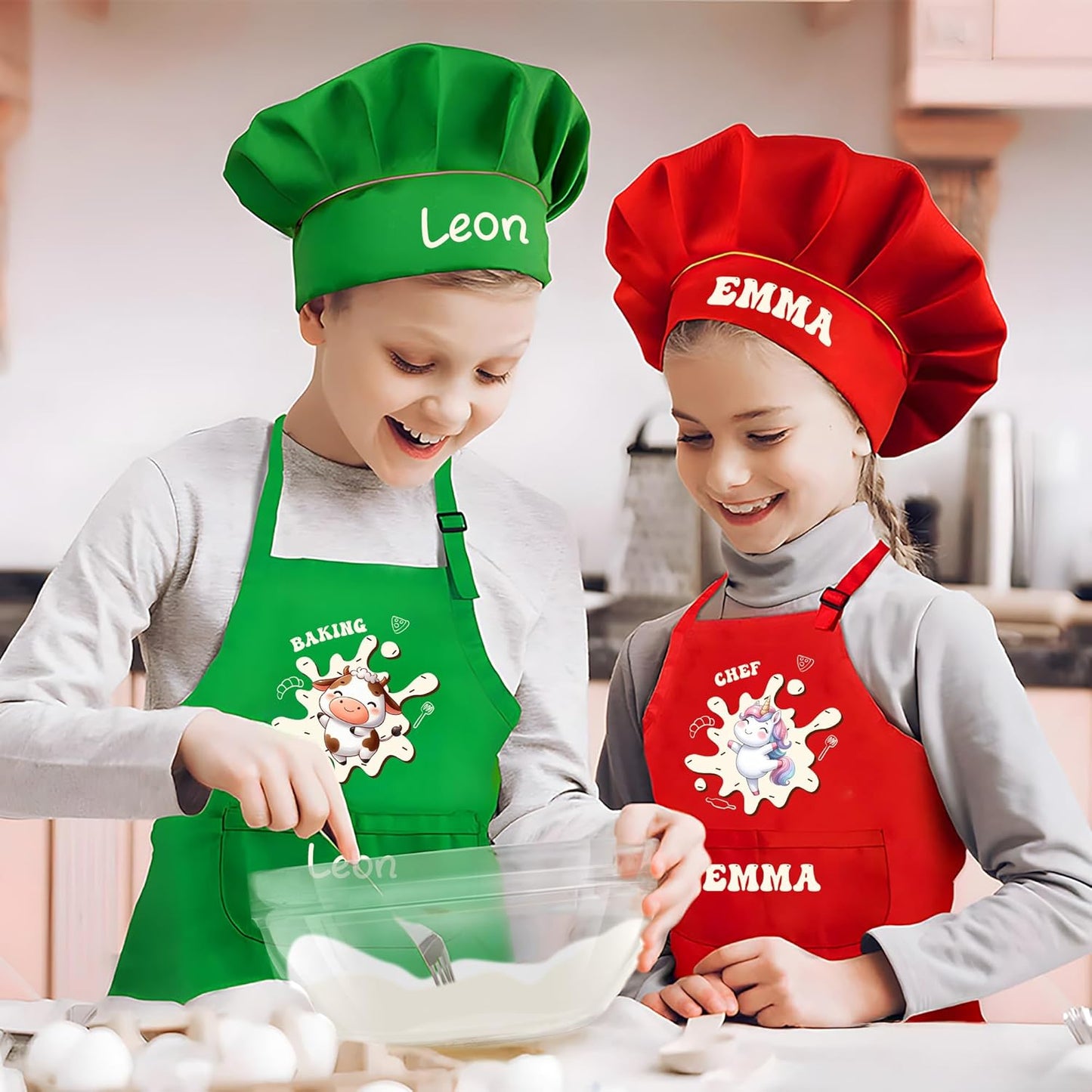 Personalized Kids Chef Hat and Apron, Custom Name Adjustable Cooking Apron for Cooking Baking Painting