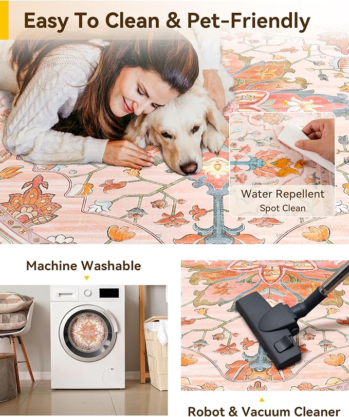 RELEANY Area Rugs Round 10ft Washable Non-Slip, Floral Vintage Distress Print - Image 5