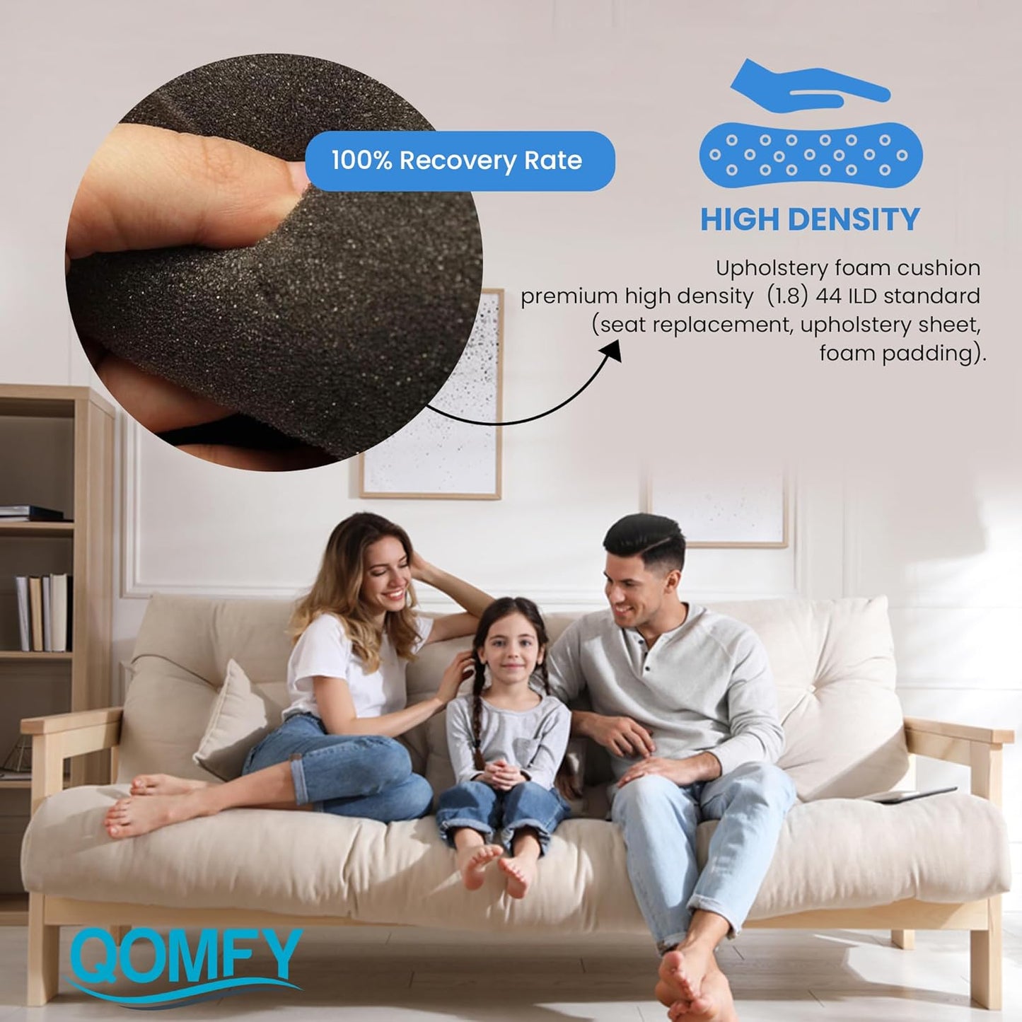 QOMFY 2" Height x 18" Width x 42" Length Charcoal Upholstery Foam Sheet | Made in USA | Multi-Purpose Foam for Upholstery, DIY, Packaging & Acoustic Projects