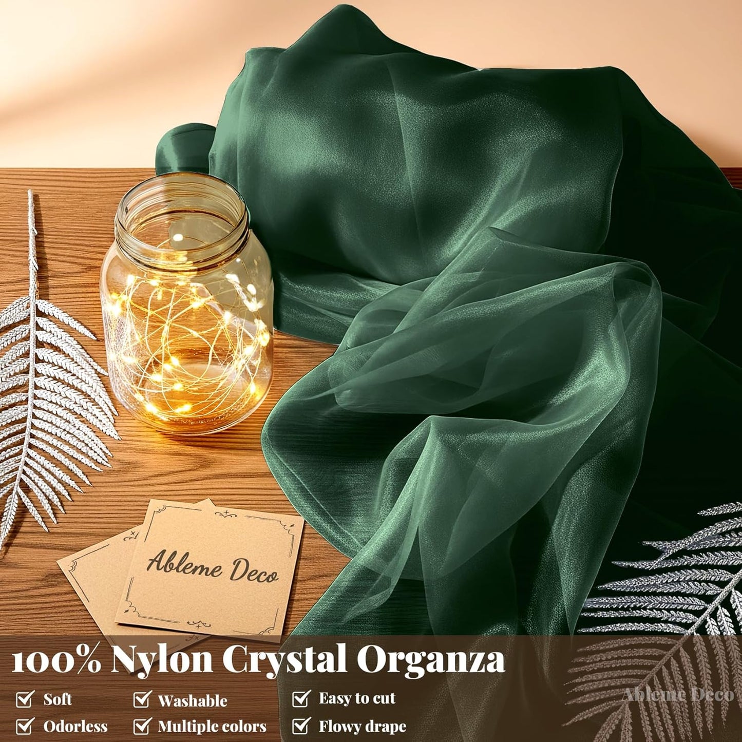 Organza Fabric by The Yard, 60 Inch Wide 10 Yards (30 ft) Extra Long Sheer Fabric for DIY Sewing Projects Window Scarf Wedding Decorations Party Backdrops Curtains (Hunter Green)