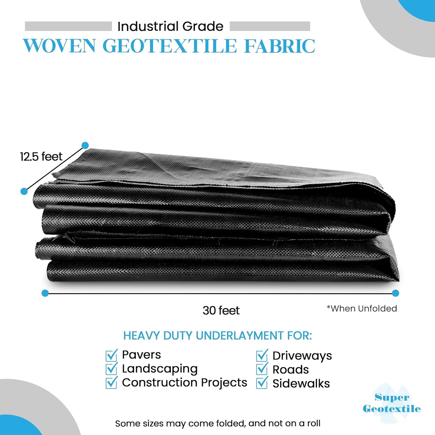 Woven Geotextile Fabric for Driveway and Road Stabilization, Construction Underlayment, Erosion Control, Commercial Grade 50 Year for Gravel Roads and Pavers (12.5x30) Ships Folded