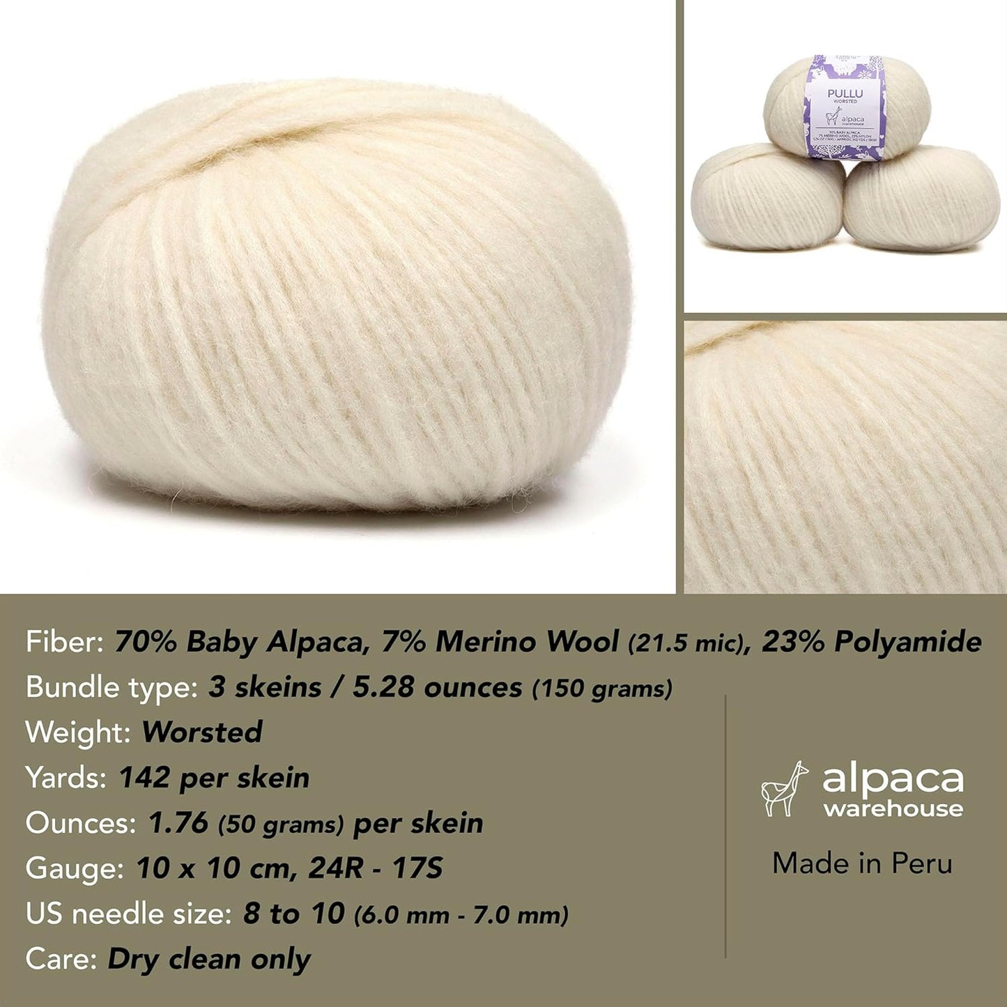 Pullu - Baby Alpaca Merino Wool Yarn Set of 3 Skeins (150 Grams) Worsted Weight - Sourced Directly from Peru - Heavenly Soft and Perfect for Knitting and Crocheting (Ivory)