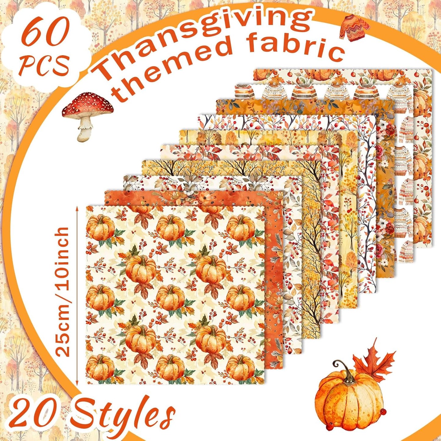 Ganeen 60 Pcs 10 x 10 Inch Fall Quilting Fabric Squares Thanksgiving Fat Patchwork Precut Strips Retro Pumpkin Maple Leaf Bundles for Harvest Autumn Holiday DIY Craft Sewing Quilt Material Handmade