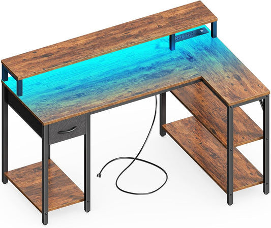 SUPERJARE 47 inch Reversible L Shaped Desk with LED Lights & Power Outlets, Computer Desk with Shelves & Monitor Stand, Gaming Desk with Drawer, Home Office Desk Corner Desk, Rustic Brown
