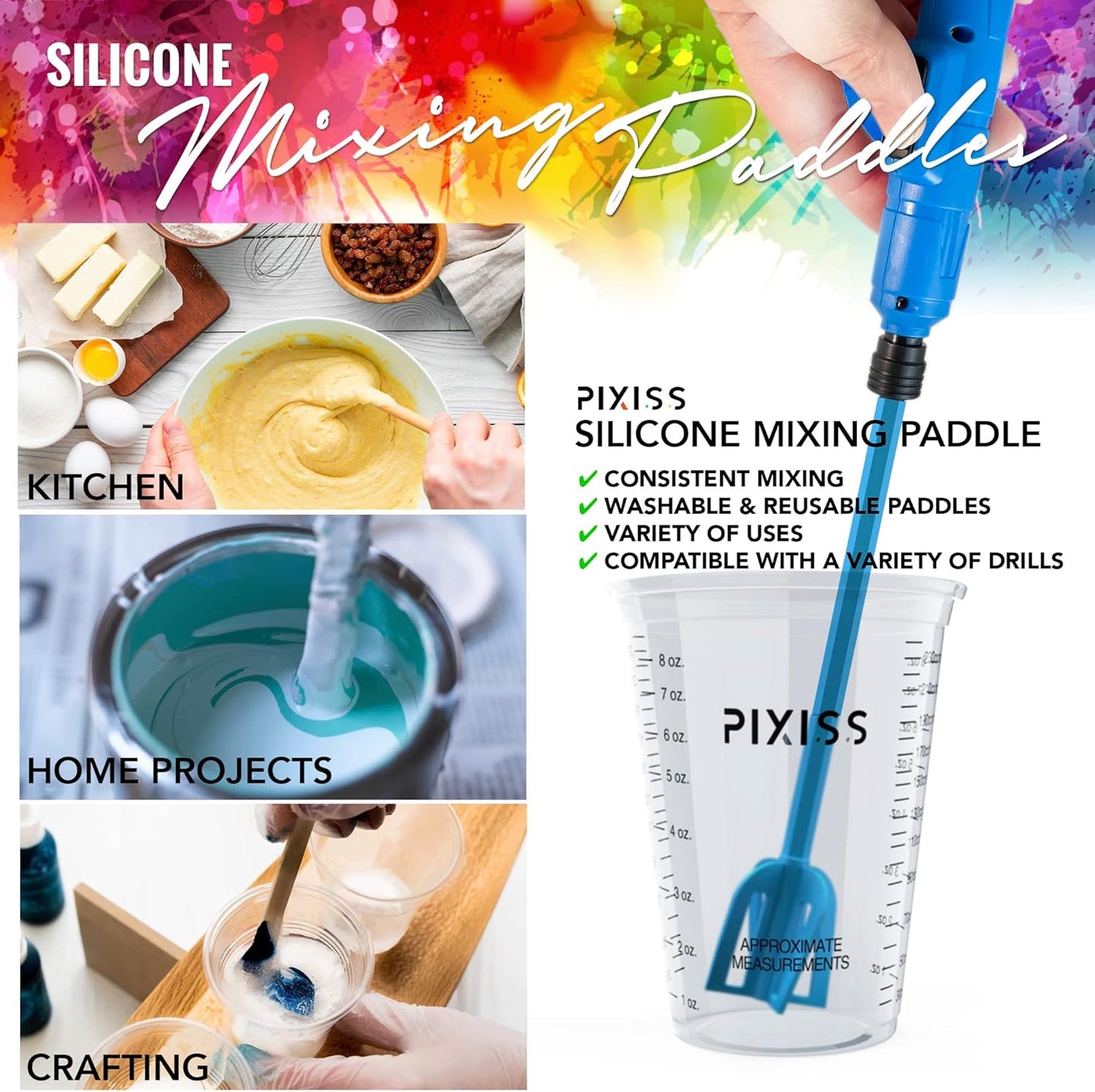 Epoxy Resin Mixer Silicone Paddles - 6 Reusable Pixiss Multipurpose Bidirectional Paint Stirrer for Drill Epoxy & Paint Mixer Drill Attachment - Paint Stirrers Epoxy Stirrer - Paint Mixer for Drill