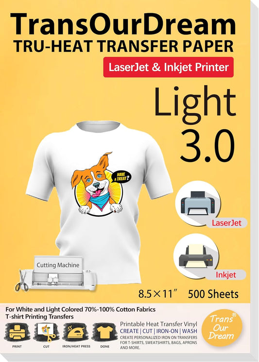 TransOurDream Tru-Heat Transfer Paper for Inkjet & Laserjet Printer (500 Sheets 8.5x11, 3.0) Printable HTV Heat Transfer Vinyl for T Shirts Iron on Transfers for Light Fabrics