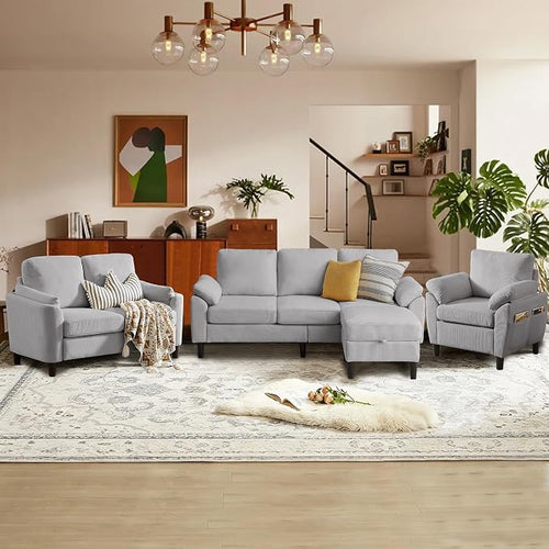 4 Piece Modern Corduroy Sofa Set, L-Shaped Sectional Couch by Firmacielu-CorduroyComfortableLivingRoomSofasforModernHome