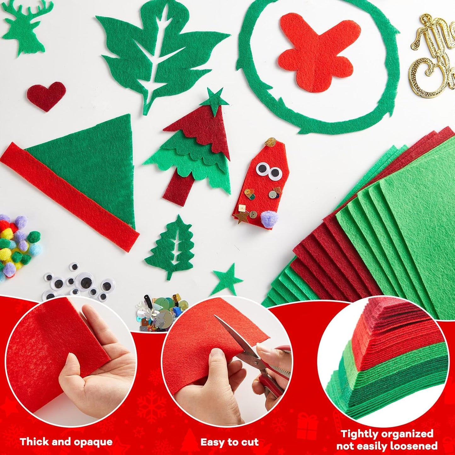 gisgfim 42Pcs Red and Green Gradient Felt Fabric Sheets 8 x 12 Inch Soft Thick Christmas Xmas Felt Pack with Wiggle Google Eye Pom Pom Glitter Patchwork Craft for DIY Sewing Creative Art Project Decor