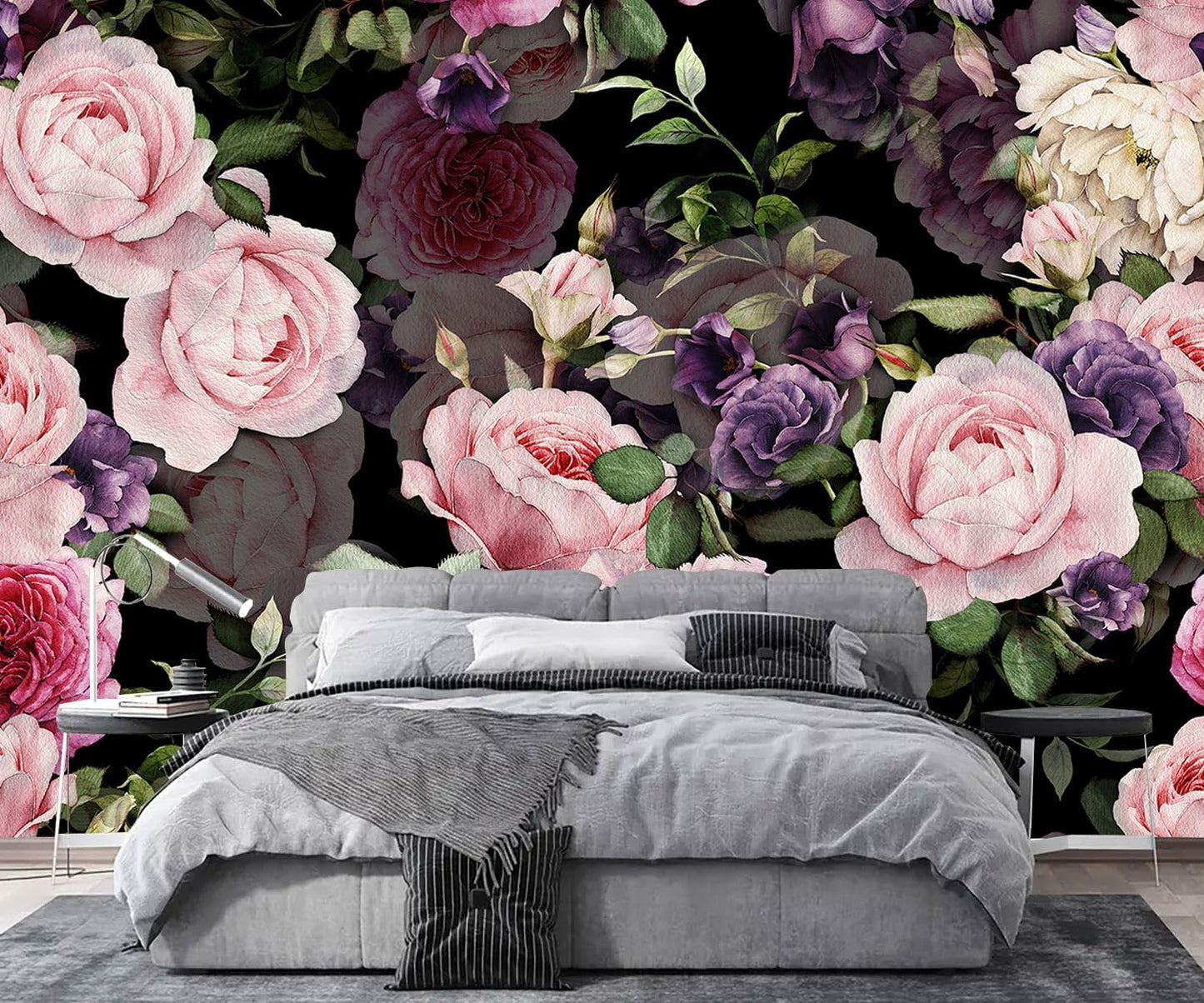 AFZEVEB-Black Watercolor Purple Peony Flower Wallpaper Wall murals for Bedroom 136"x96"(Not Peel and Stick)