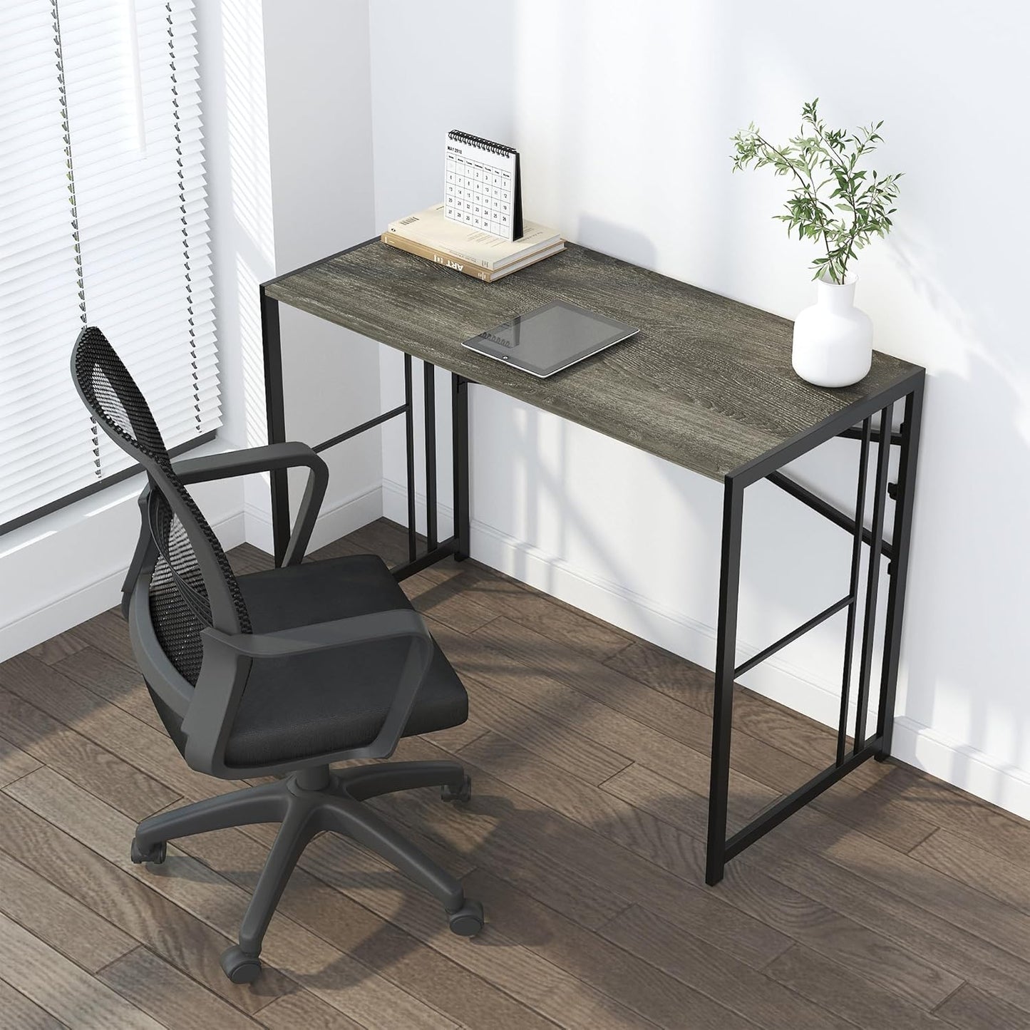 40 inch Folding Desk, Writing Gaming Computer Camping Desk, No Assembly Required Home Office Table, Black Oak