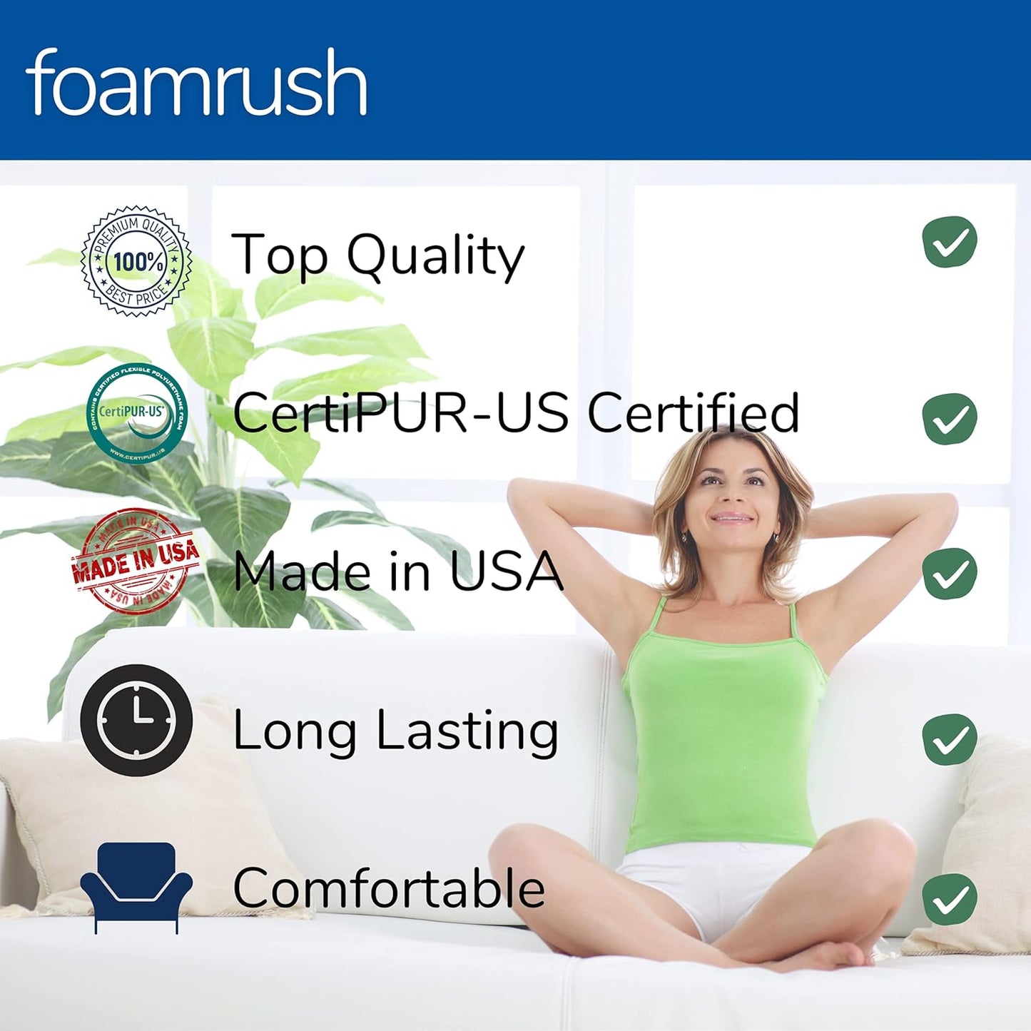 FoamRush 2" H x 24" W x 24" L Upholstery Foam Cushion High Density (Square Foam for Dining Chairs, Chair & Wheelchair Seat Cushion Replacement)