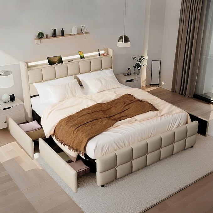 Full Size Bed Base with Multiple Color LED Lighting, Linen Upholstered Bed - Image 3