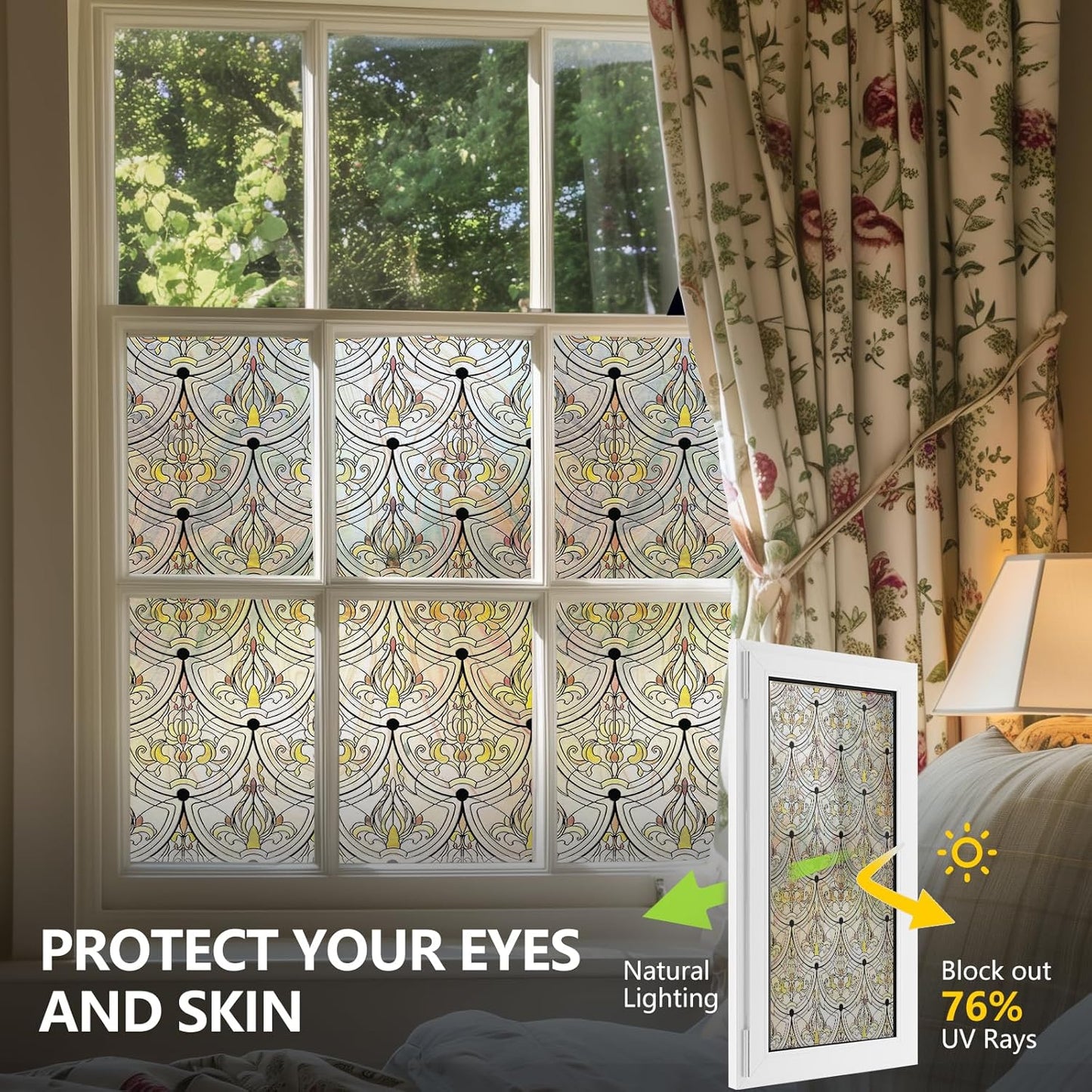3D Stained Glass Window Film, Decorative Window Privacy Film for Bathroom,Front Door,Home, Sun Blocking Heat Control,Static Cling, Golden Ironwork 23.6inch x 70.8inch
