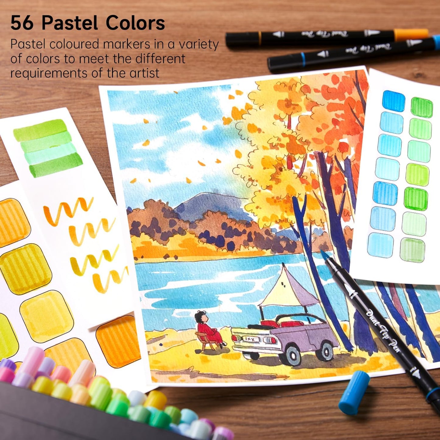 Shuttle Art Pastel Brush Pens, 56 Pastel Colouring Pens, Dual Tip Brush Markers with Fineliner Tip, Drawing Felt Tip Pens for Adults Colouring Books, Painting Sketching Calligraphy and Journaling