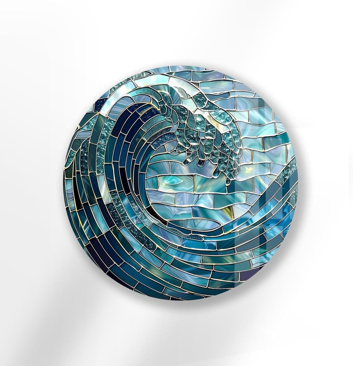 My Photostation.com 10''(25cm) Diameter Ocean Wave in Blue Mosaic Round Glass Wall Art Tempered Glass Printing Wall Decor Large Wall Art Wall Hangings