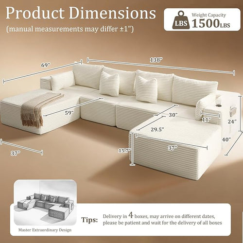 138" Cloud Sectional Couch, Comfort U Shaped Boneless Couch - Image 2