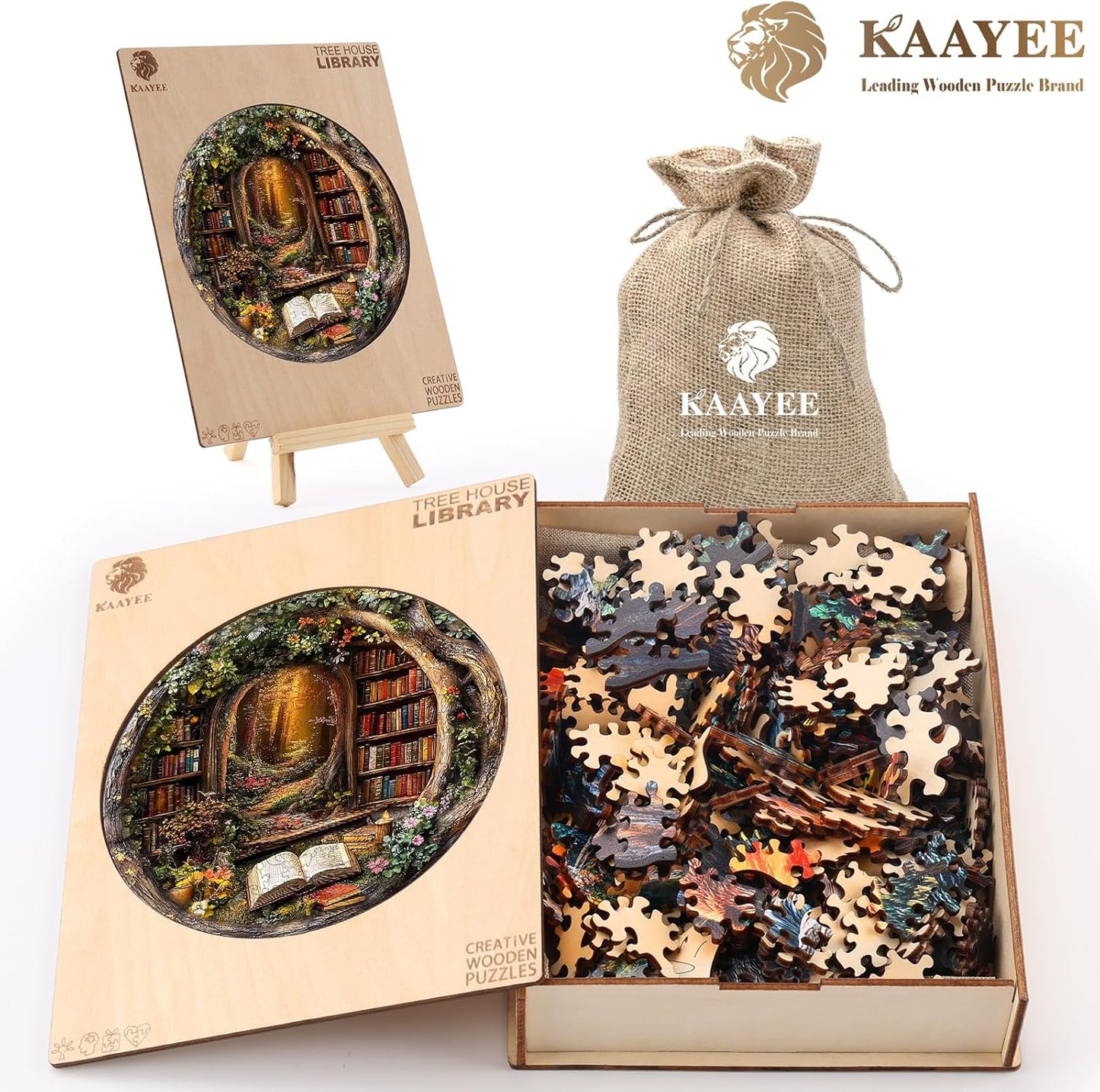 KAAYEE Wooden Puzzles for Adults, 3D Visual Effect Tree House Library Wooden Jigsaw Puzzle Unique Shape Wood Puzzle Adult, 3D Effect Flat Puzzle Birthday Family Games (S-8.5 * 8.5 in-100pcs)