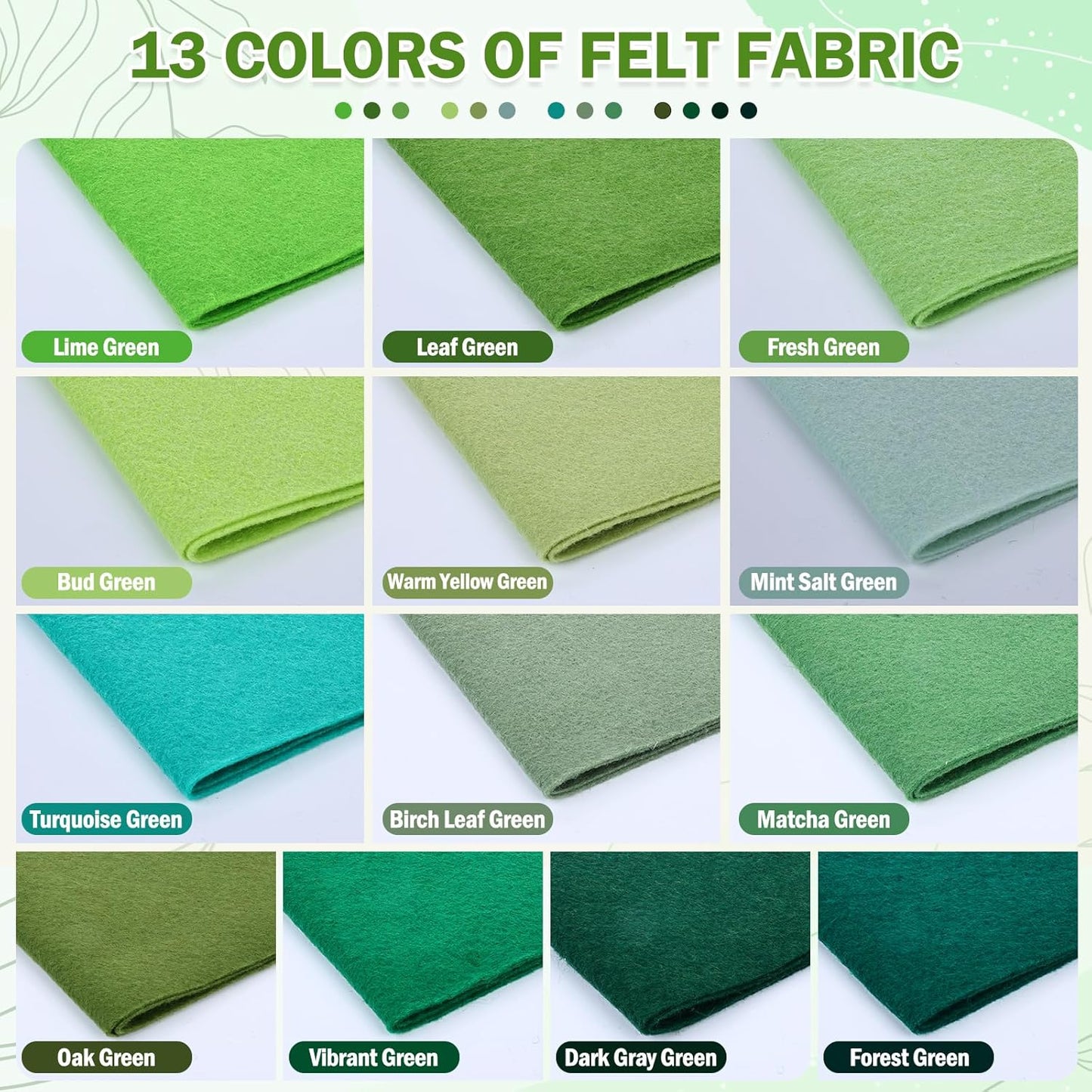 XSEINO 13 Rolls 8"x35" 1.4mm Thick Soft Felt Fabric Sheet 13 Assorted Green Series Colors Felt Pack Pastel Felt Sheets for DIY Craft Sewing Squares Nonwoven Patchwork