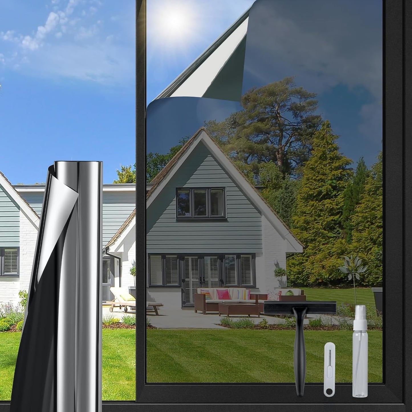 DOWELL One Way Window Privacy Film with 3 Tools Window Tint for Home Sun Blocking Heat Control Anti UV Reflective Mirror Covering See Out Not in for House and Office Black Silver 17.5" X 157.4"