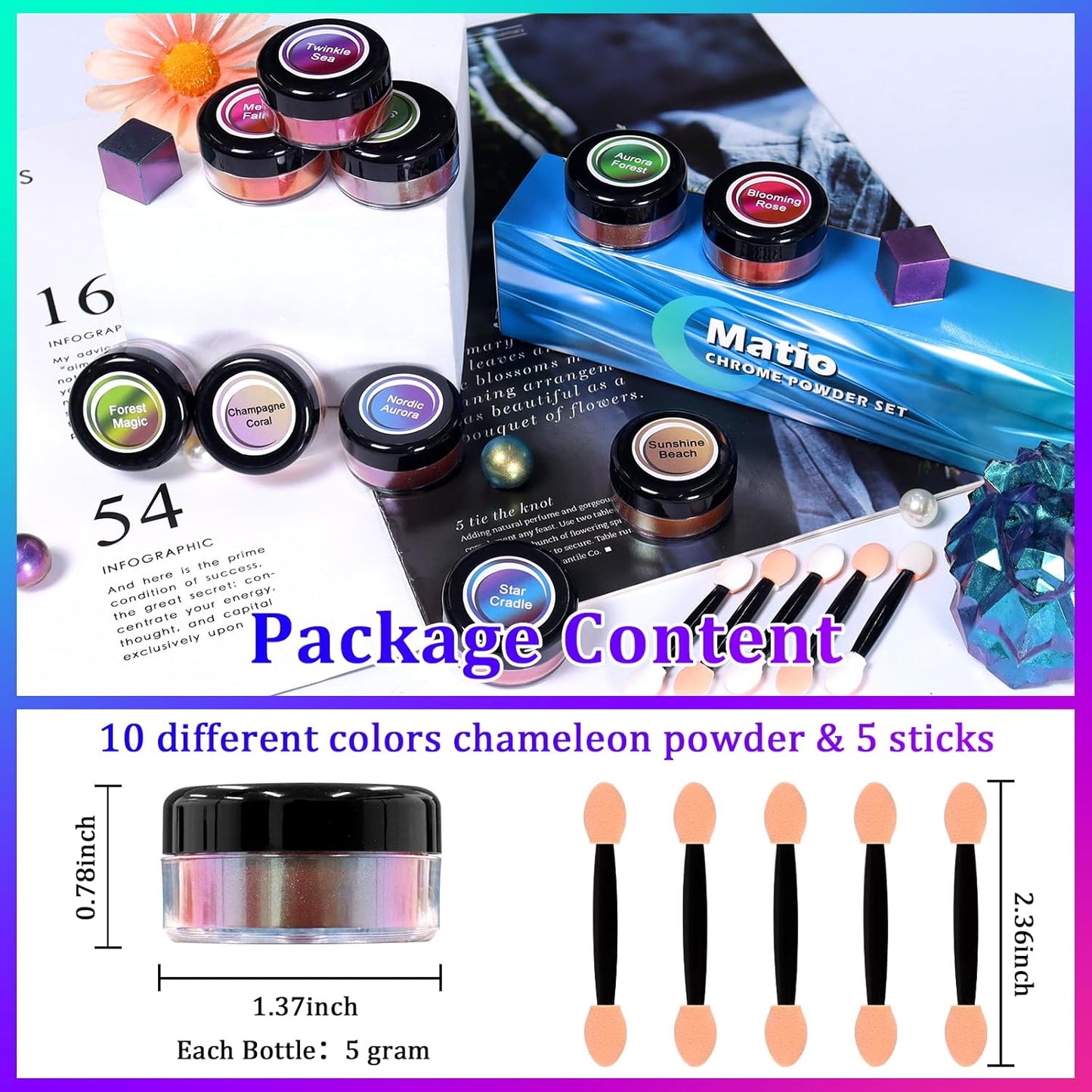 Matio Chameleon Mica Powder, 10 * 5g Chrome Powder, Pearlescent Effect Color Shift Pigment, Mica Powder Set for Epoxy Resin, Soap Candle Dye, Nail Art, Makeup, DIY Bath Bombs, Painting, Slime Pigment