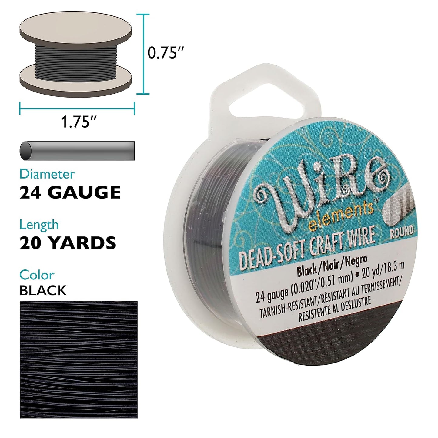The Beadsmith Wire Elements Craft Wire – Tarnish Resistant, Soft Temper, Round, Black Color – 0.51mm, 24 Gauge, 20 Yard Spool – Jewelry Making, Wire Wrapping, Floral, & Other DIY Crafts