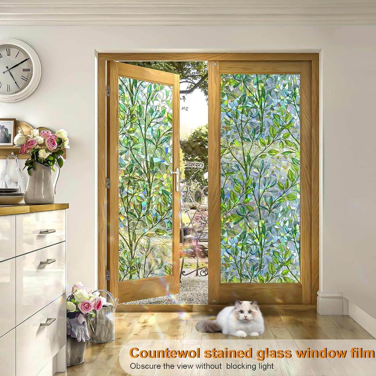 Window Privacy Film Stain Glass Window Film Rainbow Window Film Window clings Non-Adhesive Reusable Decorative for Room (Leaf Rainbow, 35.4 x 157.4 in)