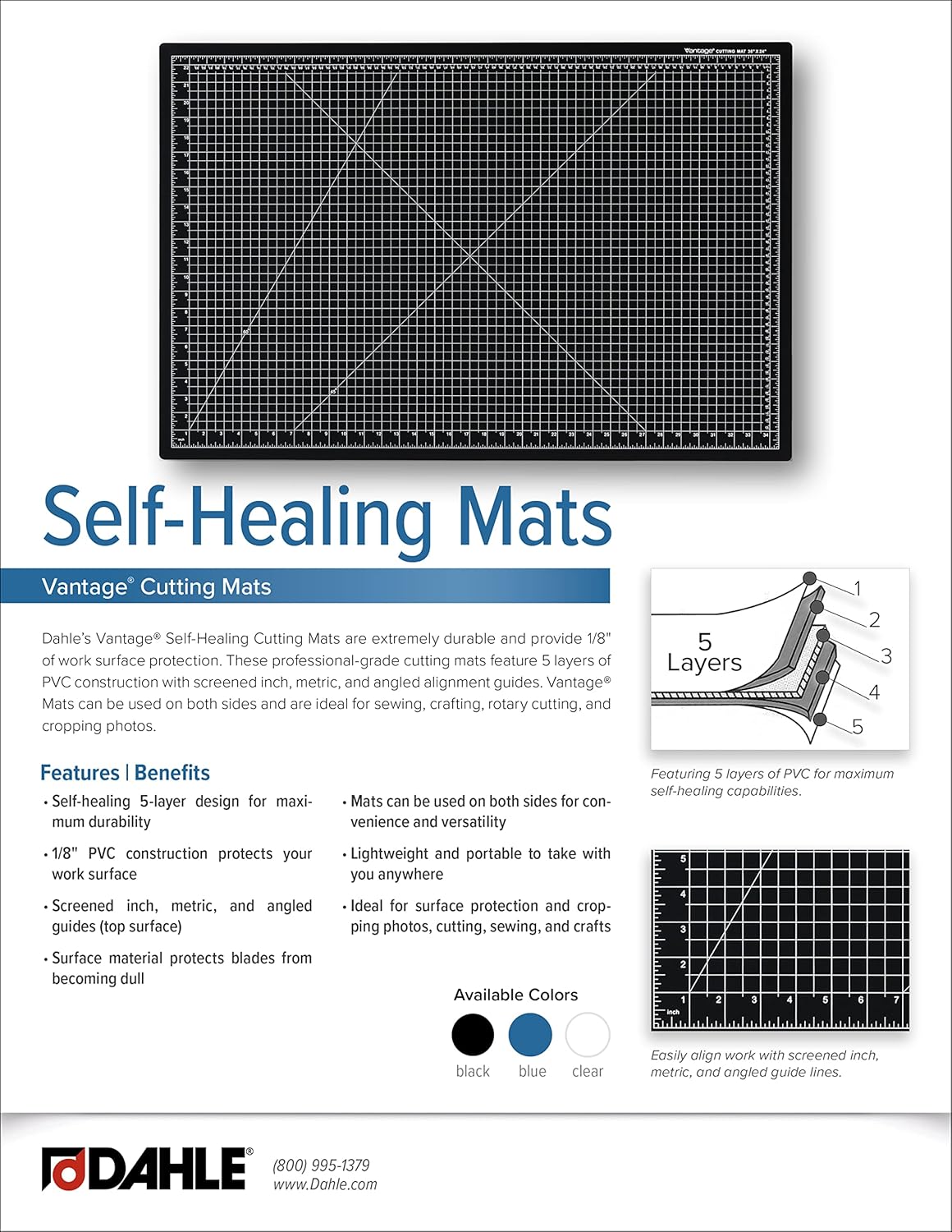 Dahle Vantage 10690 Premium Self-Healing Cutting Mat, 9"x12", 1/2" Grid, 5 Layers for Max Healing, Perfect for Crafts & Sewing, Blue