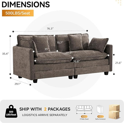 76″ Cloud Deep Seat Loveseat, Upholstered Chenille Modular 2-Seat Sectional - Image 2