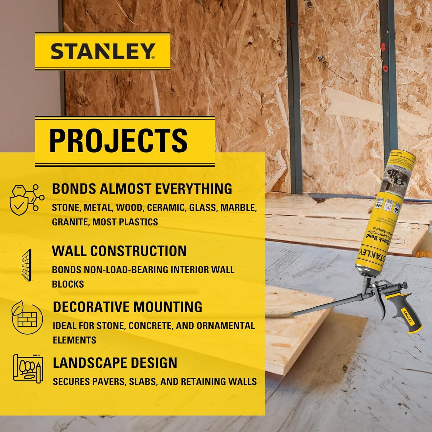 Stanley Quick Bond Adhesive Foam - 1x24oz, Reliable Bond Adhesive for Various Materials, Strong bonding, No Mixing, Gun Use, Gun NOT Included | 1 Pack