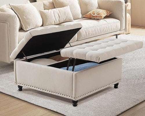 36" Large Square Ottoman with Storage, Tufted Upholstered Storage Ottoman with by UTOASIS