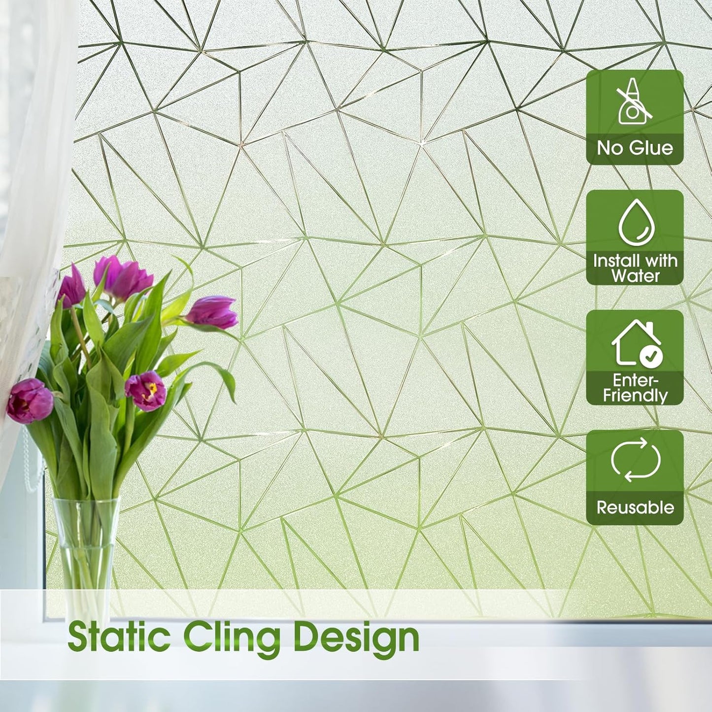 Coavas Window Privacy Film, Frosted Glass Static Cling, Decorative for Bathroom Door Covering, UV Blocking Window Cling, Non-Adhesive Vinyl Sticker, Day and Night Windows Tint for Home, 23.6x393.7 in