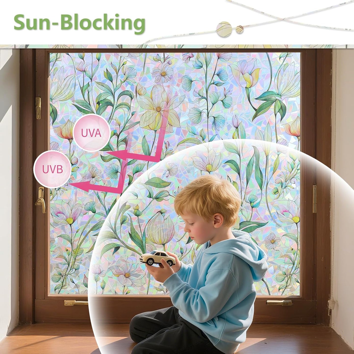 FINNEZ Window Privacy Film Stain Glass Film Flowers Rainbow Window Film Window Clings Non-Adhesive Reusable Decorative for Home（Forest Rainbow，23.6 Inch x 13.1 Feet）