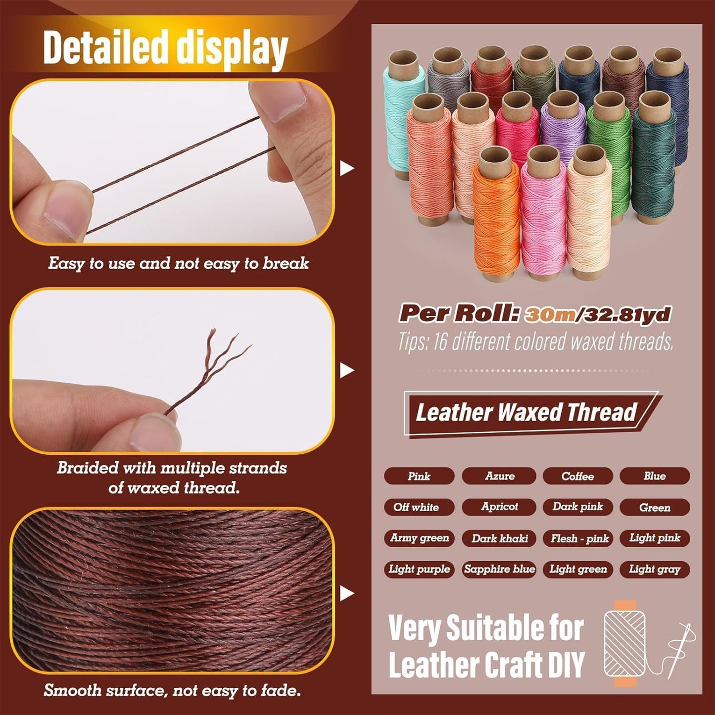 0.8 mm Leather Sewing Thread, 16 Colors 32 Yards Waxed Thread, Round Waxed Thread,Wax String for Bracelet Making, Sewing Stitching, Bookbinding, Braiding, Beading