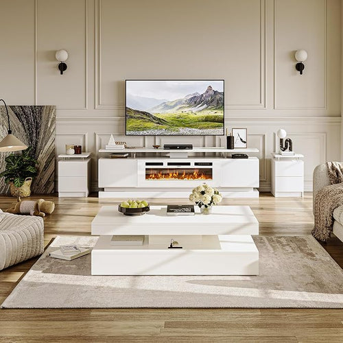 4-Piece Modern Living Room Table Set, Includes High Gloss 70" Fireplace TV Stand - Image 2