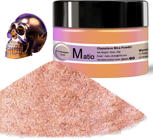 Matio Chameleon Mica Powder, 1.06oz/ 30g Champagne Coral Chrome Powder, Pearlescent Effect Color Shift Pigment for Resin Craft, Soap Candle Dye, Nail Art, Makeup,Bath Bomb,Paint,Slime Pigment