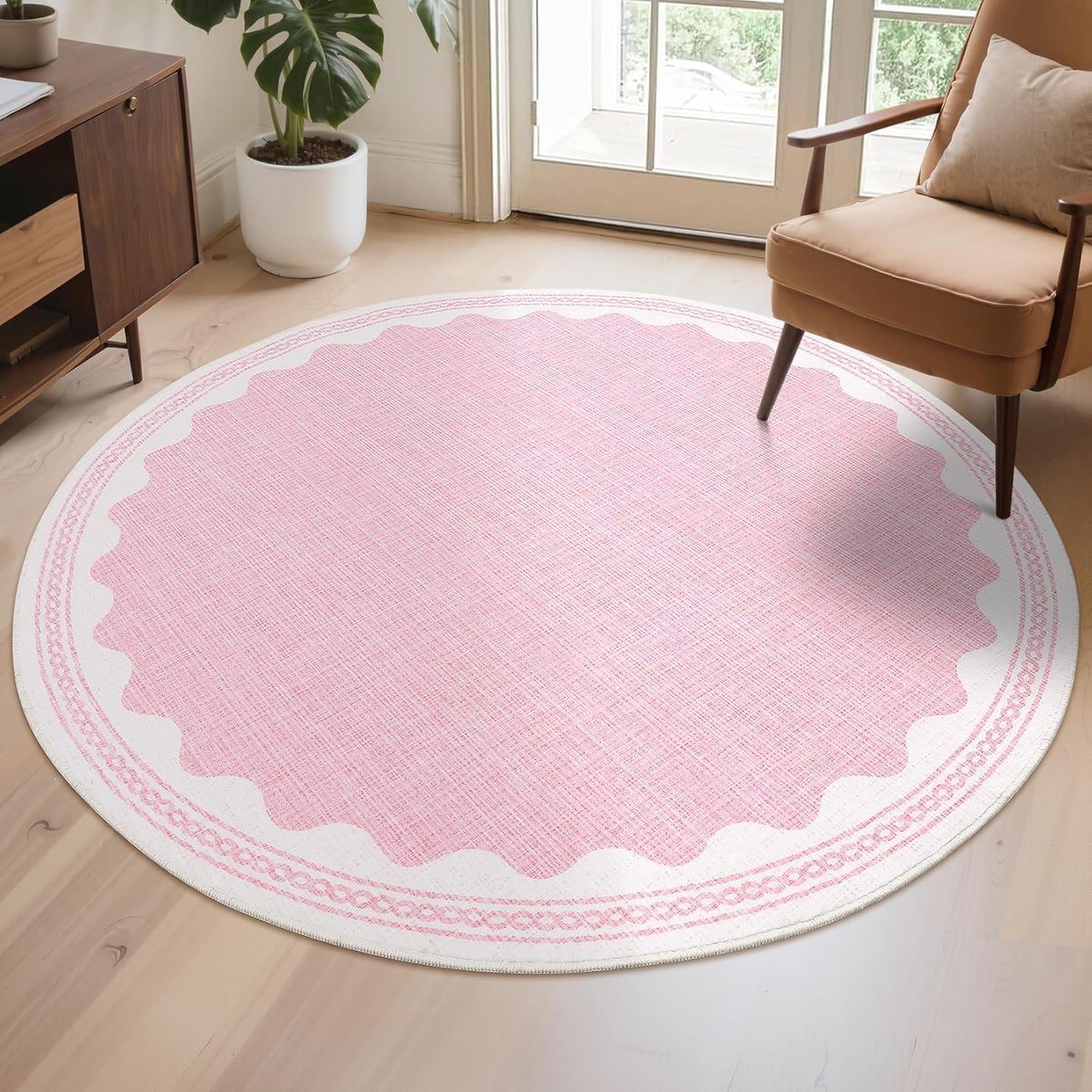 Scalloped Round Rug 6ft, Small Area Rugs Solid Pink Rug for Bedroom Girls, Washable Rugs for Living Room, Non Slip Scalloped Round Bath Mat, Soft Dorm Nursery Carpet for Bedside