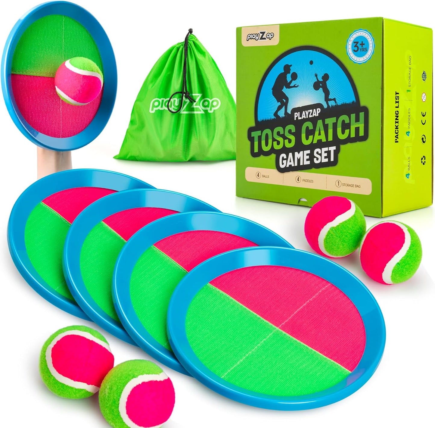 PlayZap Toss and Catch Ball Set Upgraded - Kids Baseball Toys Sturdy PVC for Family Games - Water-Resistant Great for Beach Pool Yard Outdoor - Gift for 3 4 5 6 7 8 9 10 11 12+ Years Old Boys Girls
