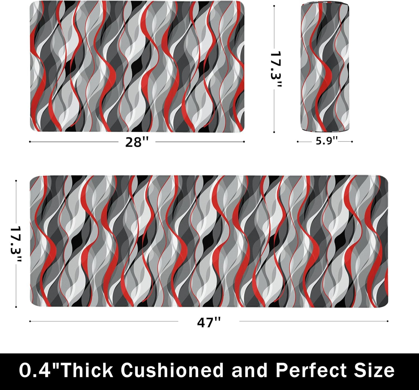 Kitchen Mats for Floor Modern Abstract kitchen rugs Grey and Red Stripe Anti Fatigue Kitchen Mats Waterproof Floor Mats Cushioned Non-Skid Standing Mats for Kitchen, Set of 2,17.3 x 28+17.3 x 47