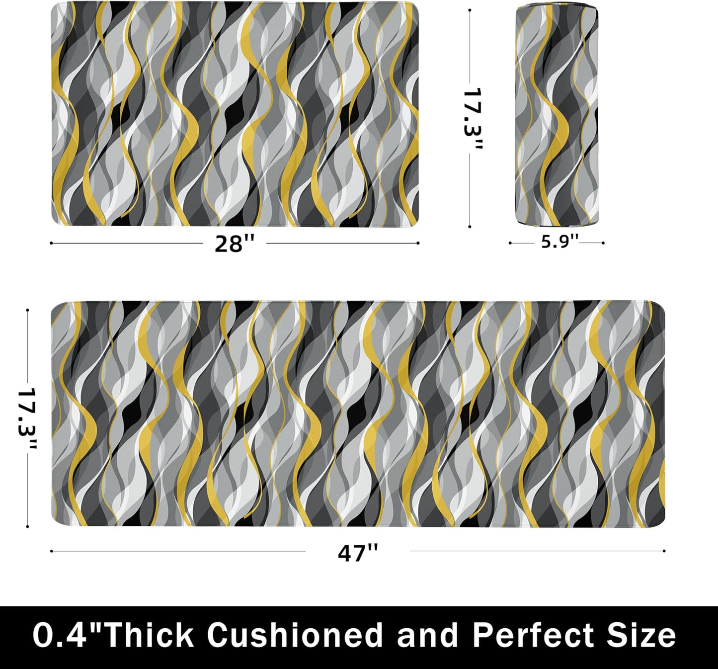 Kitchen Mats for Floor Modern Abstract kitchen rugs Grey and Yellow Stripe Anti Fatigue Kitchen Mats Waterproof Floor Mats Cushioned Non-Skid Standing Mats for Kitchen, Set of 2,17.3 x 28+17.3 x 47