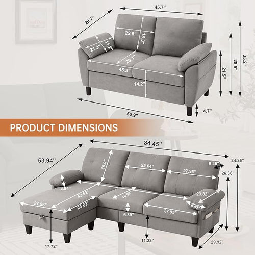 84" Convertible Sectional Sofa Set, 3 Seat L Shaped Couch - Image 2