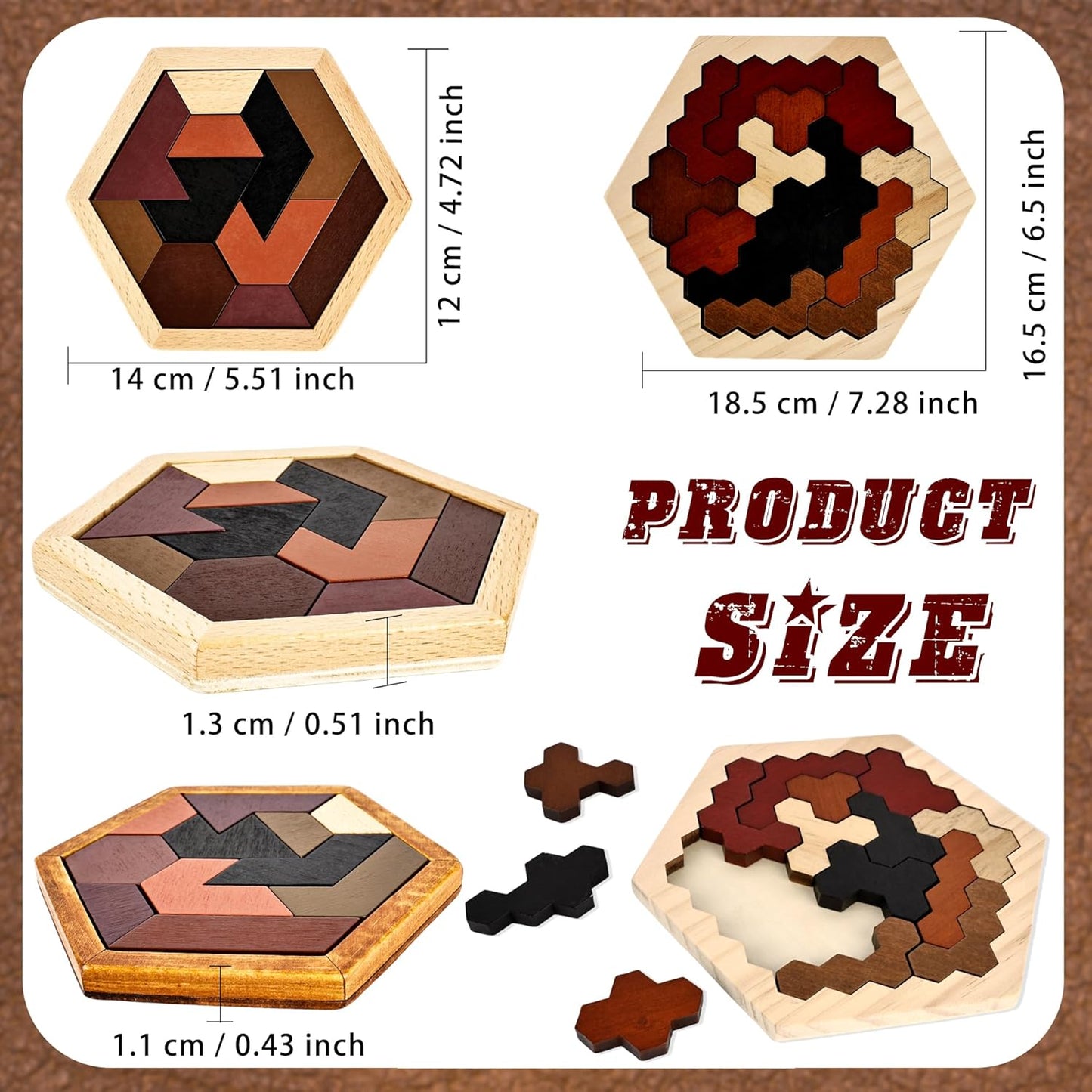 6 Pack Wooden Hexagon Tangram Puzzle Wood Tangram Block Puzzle Set with Storage Bag for Challenge Intelligence Teasers Logic Mind Game