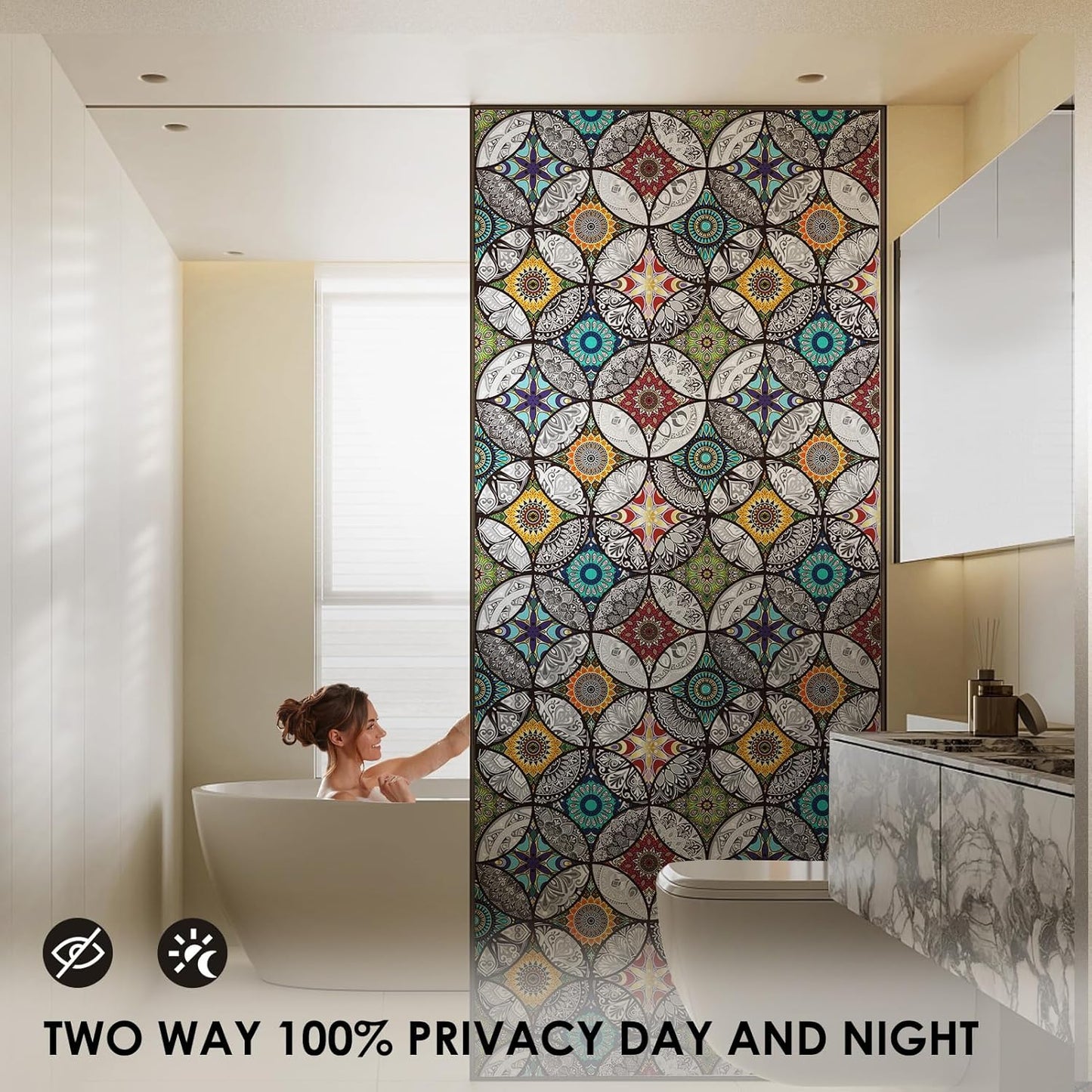 DKTIE Boho Chic Window Privacy Film with Installation Tools - Soften Light, Reduce UV Rays, Decorative Stained Glass Window Tinting Film for Home, Window Clings, 17.7 x 118.1 Inch